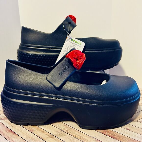 Crocs Stomp Rosette Mary Jane Black Platform Women's 11 Shoes Red Rose Gothic - Picture 1 of 9